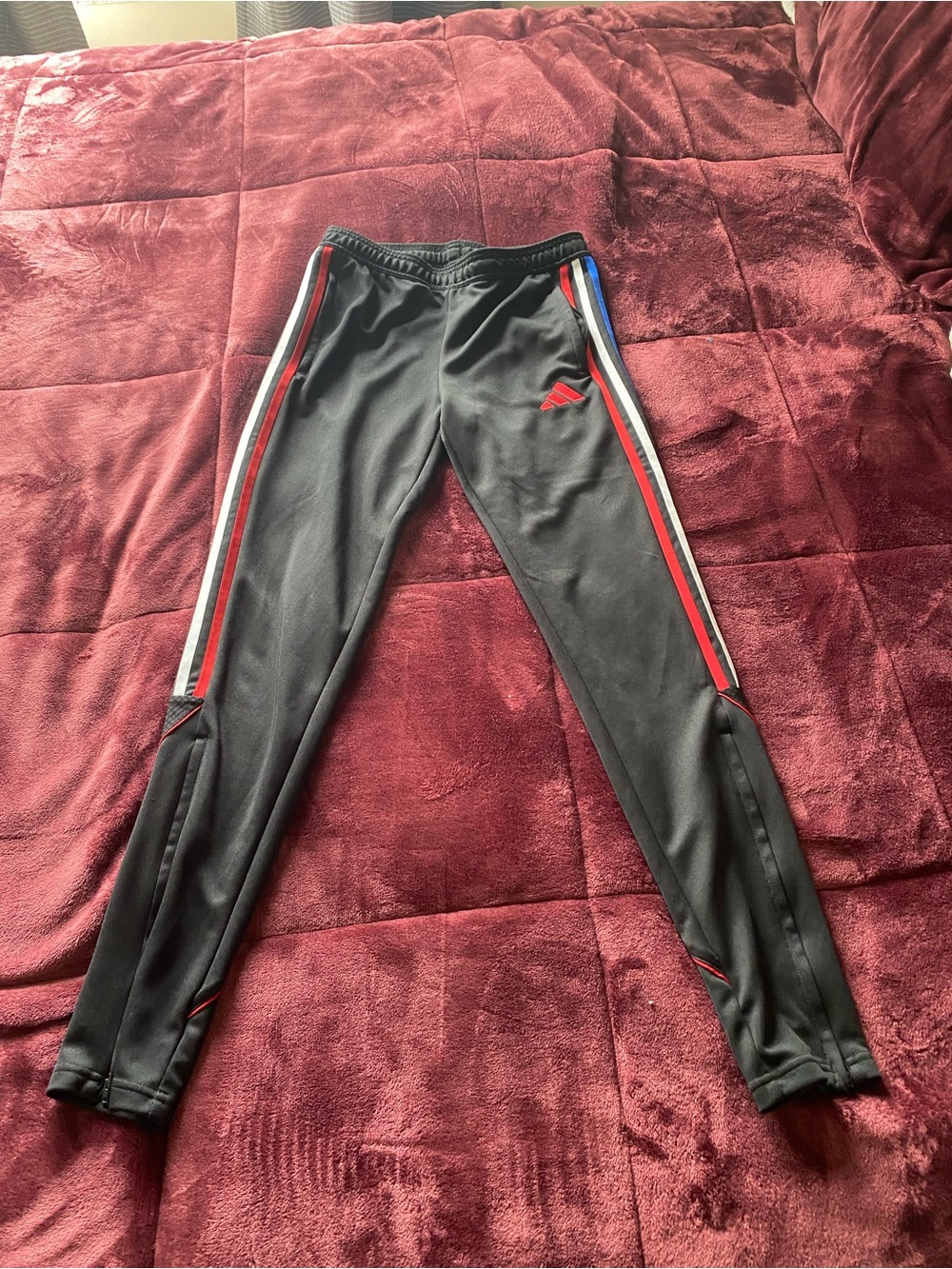 adidas Black Kids Joggers with Red, White & Blue Side Stripes